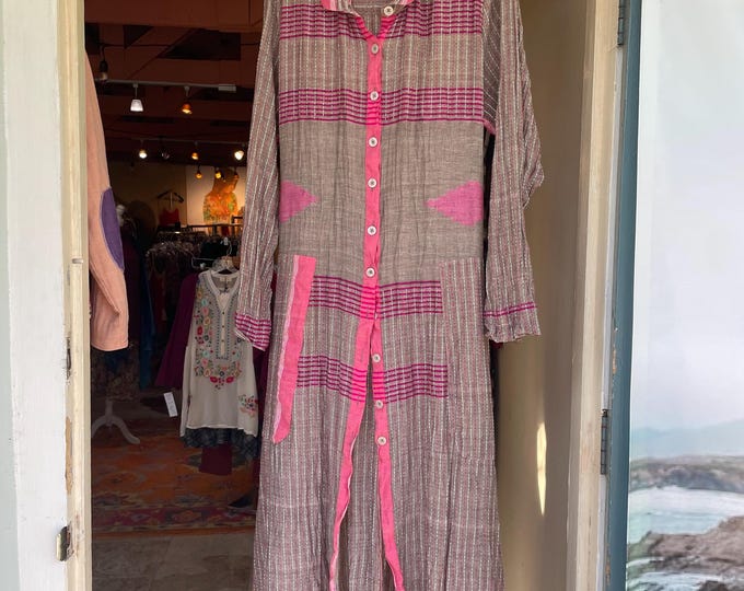 hand loomed taupe cotton voile button down shirtdress/duster