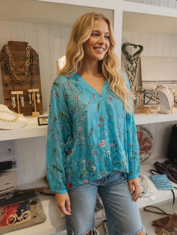 Embroidered turquoise silk oversized button down