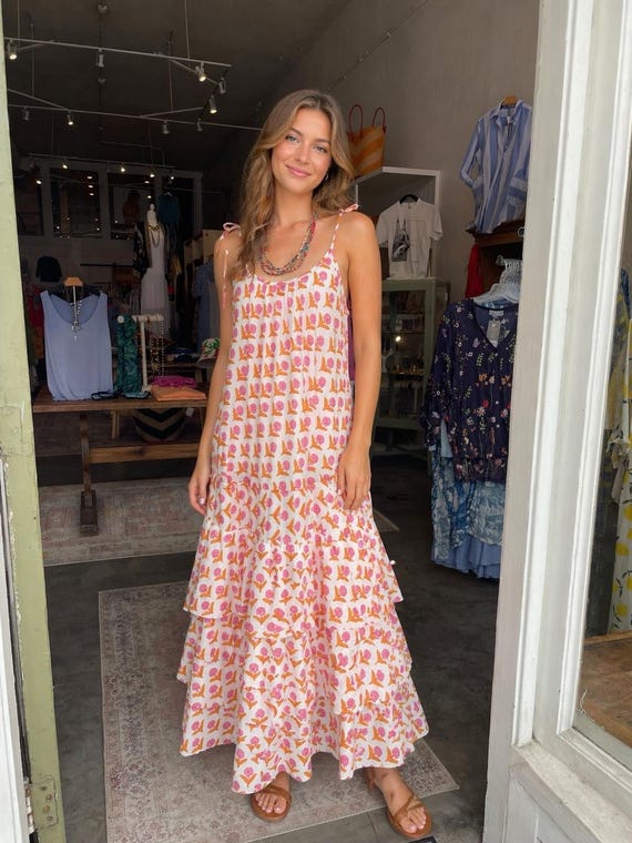 Pink floral  cotton sundress with layered skirt in one size