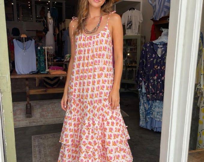 Pink floral  cotton sundress with layered skirt in one size