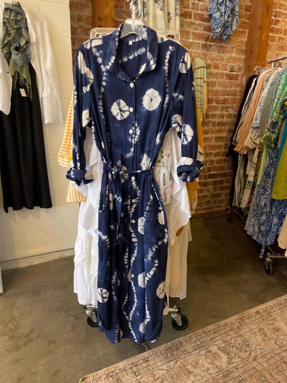 Shibori  navy cotton  button down shirtdress/duster