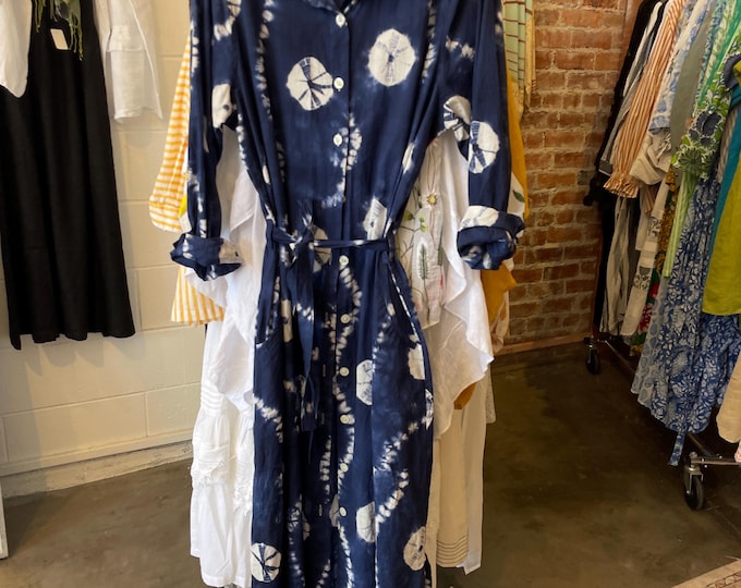 Shibori  navy cotton  button down shirtdress/duster