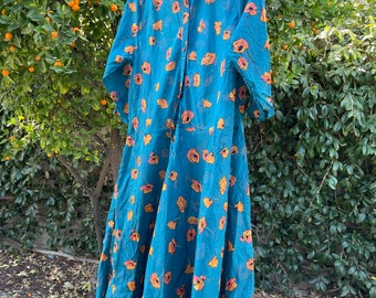 The Housedress! Teal with orange florals cotton simple uncomplicated housedress with pockets