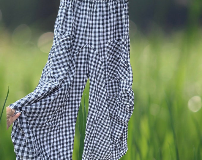 Blue and white yarn dyed check cotton lagenlook pant