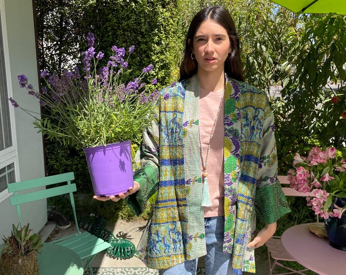 Lavender fields silk kantha plus size reversible kimono jacket