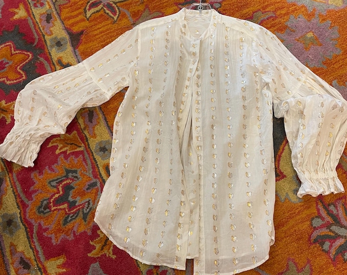 Lantern sleeve shirt in cotton voile with gold and silver lurex hearts
