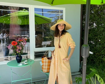 Yellow seersucker button down shirtdress/duster