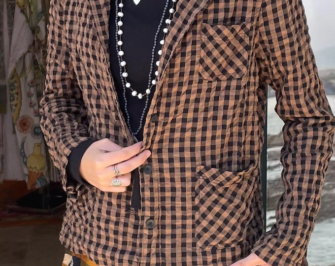 fitted seersucker check jacket with pockets