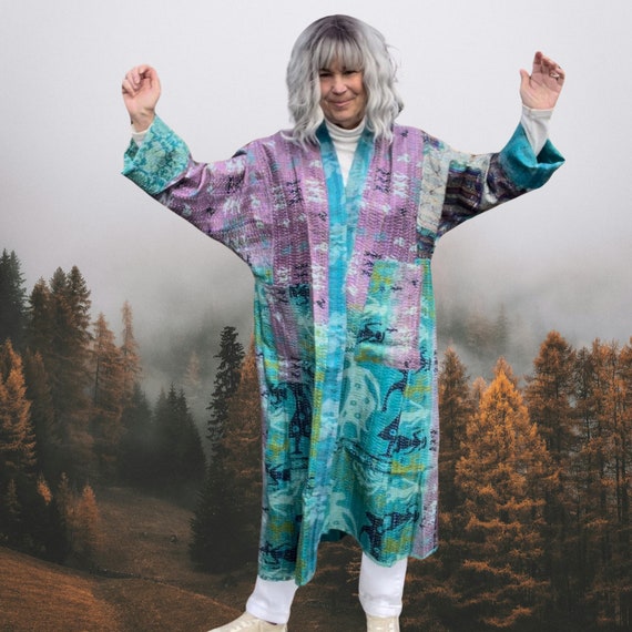 Reversible Silk Kantha Duster: Plus Size Art to Wear Kimono