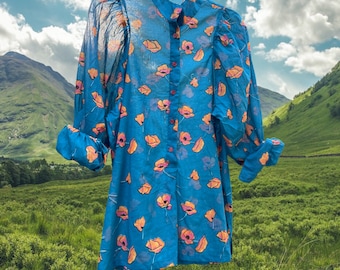 Mara blouse in  teal cotton with orange floral