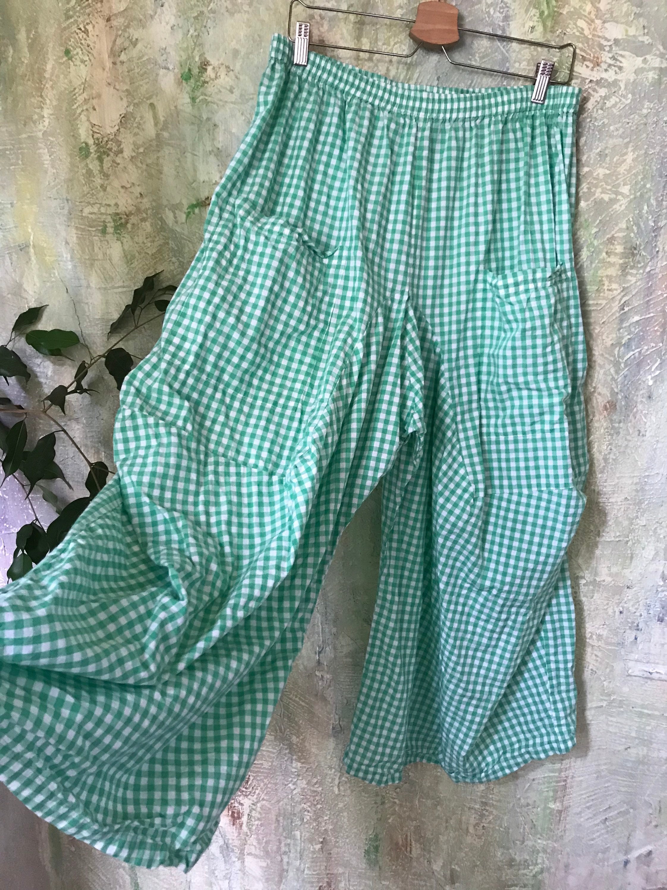 Grass green gingham check super lightweight cotton lagenlook pant