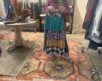 Flannel layered raw edge skirt in mixed print colors