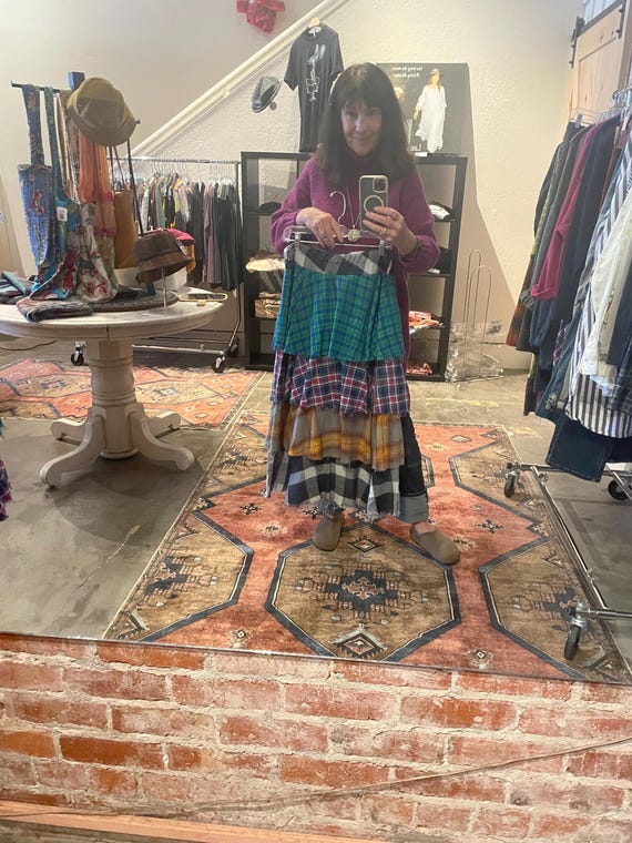 Flannel layered raw edge skirt in mixed print colors