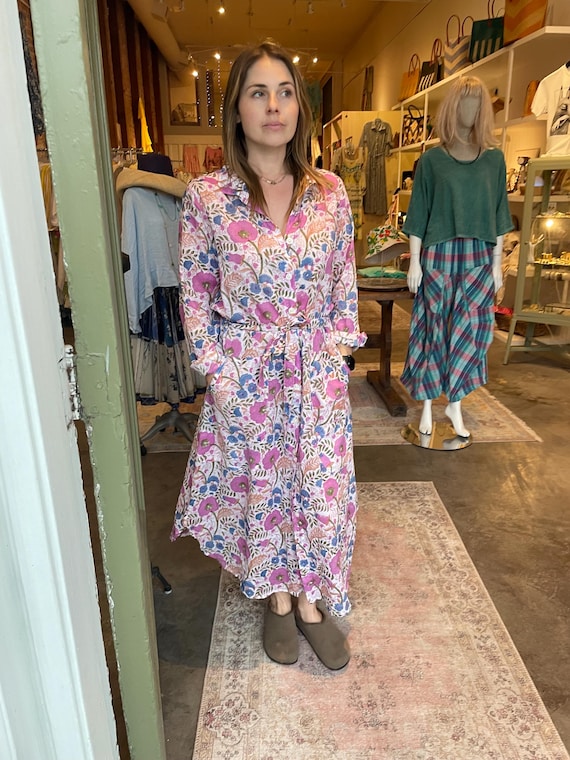 Lavender paisley cotton  button down shirtdress/duster
