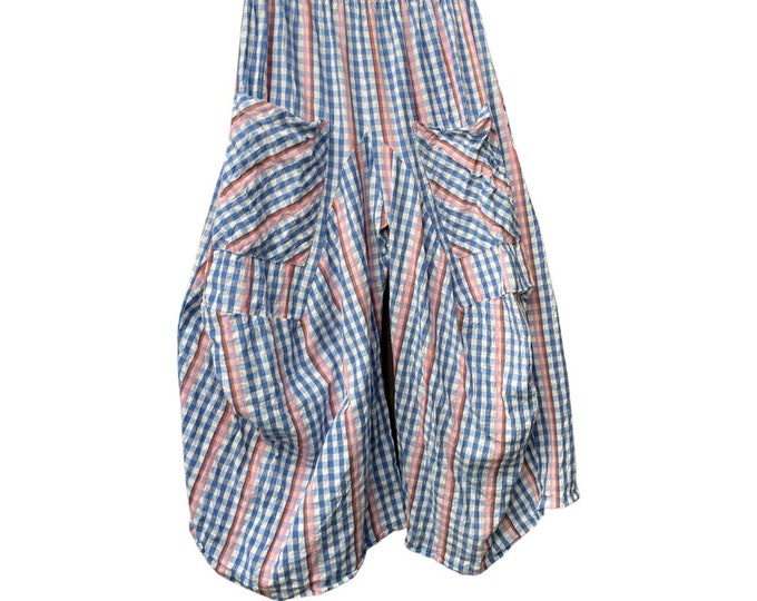 Multi color blue with orange plaid soft  cotton lagenlook pant