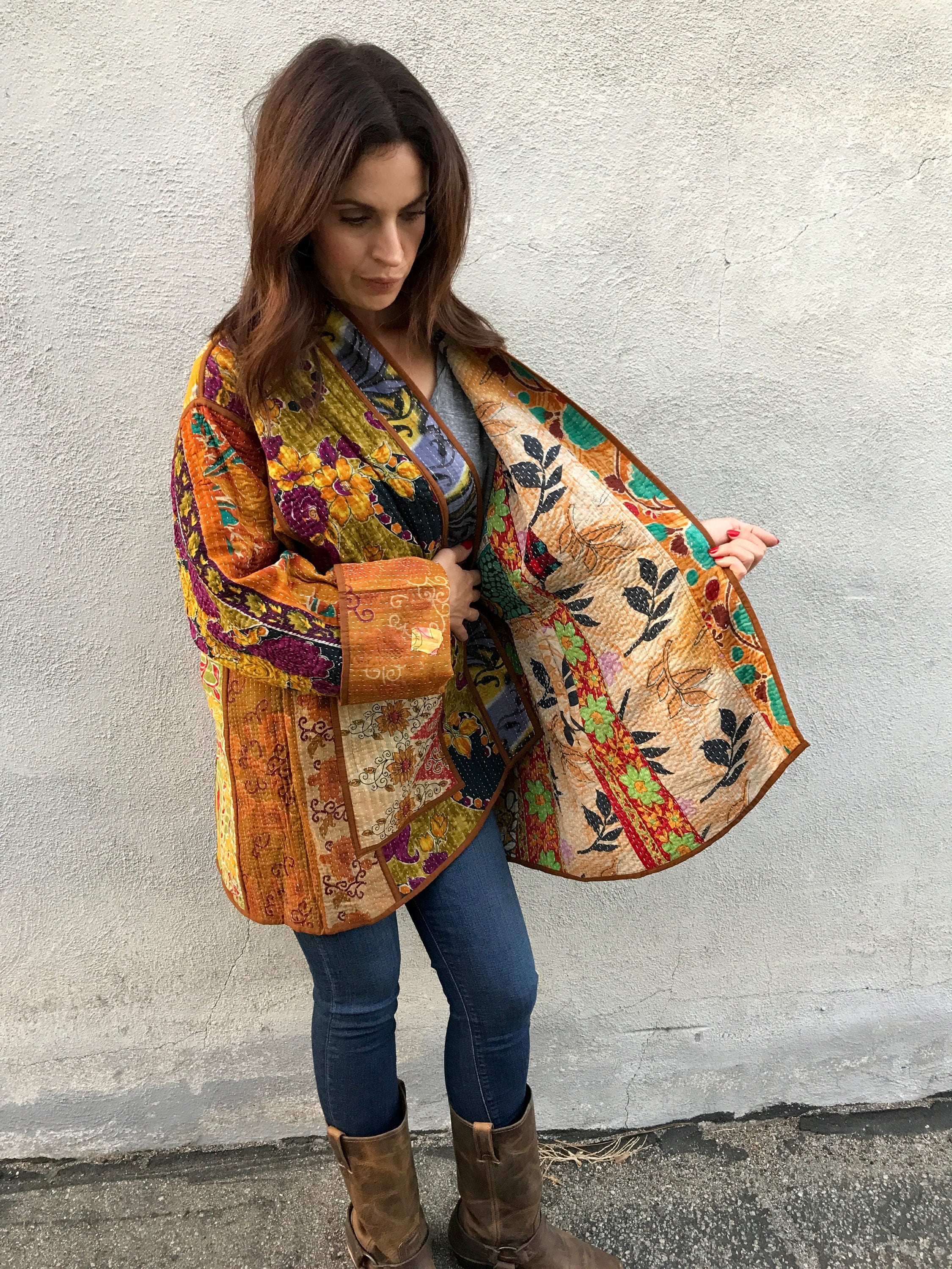 Cotton vintage kantha quilt reversible jacket