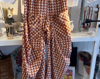 Brown geometric block print  super lightweight soft  cotton lagenlook pant