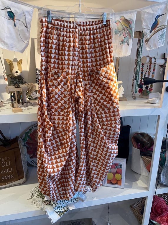 Brown geometric block print  super lightweight soft  cotton lagenlook pant