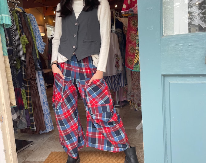 navy and red plaid  funky pant