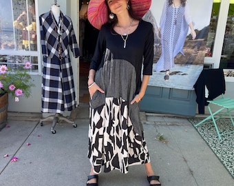Black and white knit dress with mixed prints