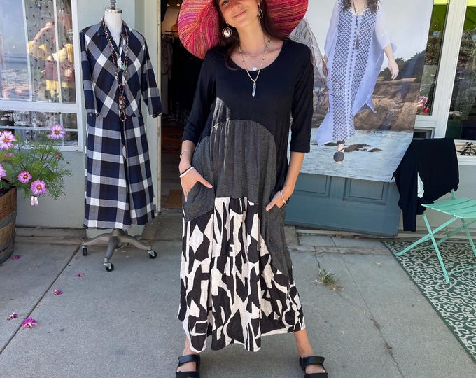 Black and white knit dress with mixed prints