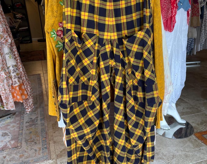 Gold and navy plaid heavy cotton lagenlook pant