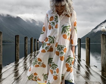 The Housedress! Tangerine floral block print cotton simple uncomplicated housedress with pockets