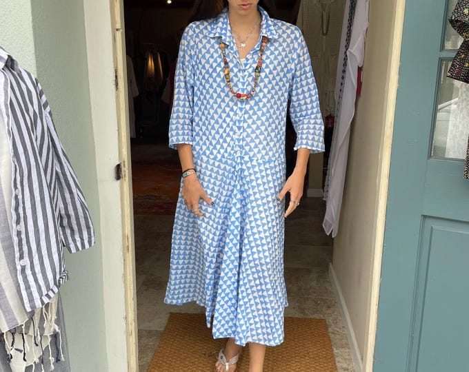 The Housedress! Blue geometric block print cotton simple uncomplicated housedress with pockets