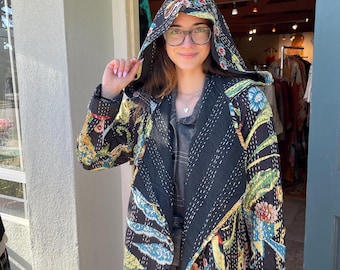 Gorgeous black floral cotton kantha hoodie