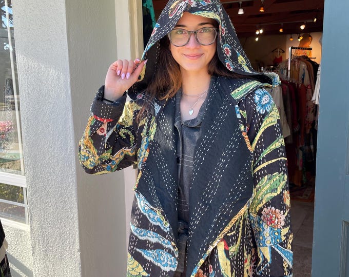 Gorgeous white floral cotton kantha hoodie