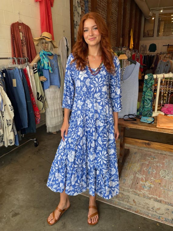 Prairie dress with pockets and 3/4 sleeves in blue blockprint floral
