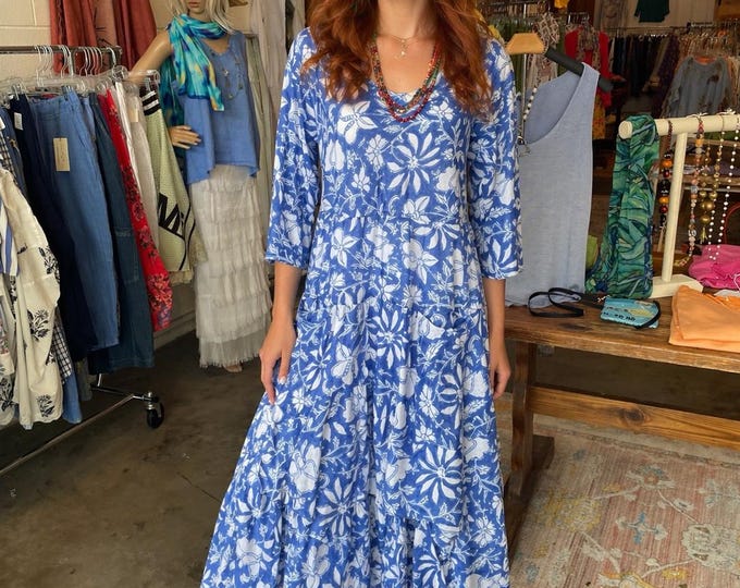 Prairie dress with pockets and 3/4 sleeves in blue blockprint floral