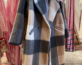 Grey wool plaid coat in one size
