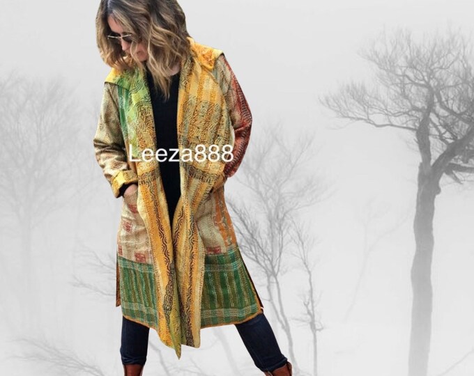 Golden nomad reversible silk kantha hoodie