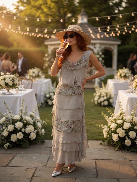 Silk layered one size dress with embroidery in taupe