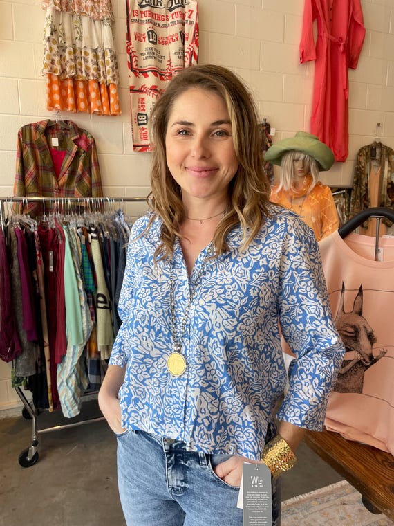 Cotton voile block print cropped button down shirt
