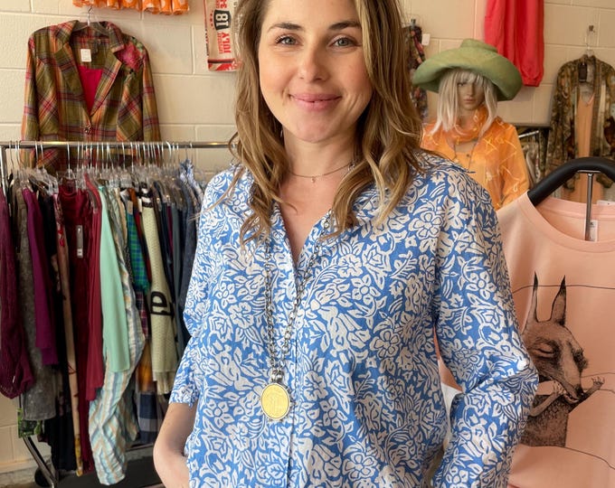 Cotton voile block print cropped button down shirt