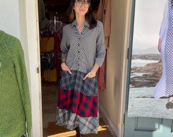 Cotton flannel mixed plaid prairie dress