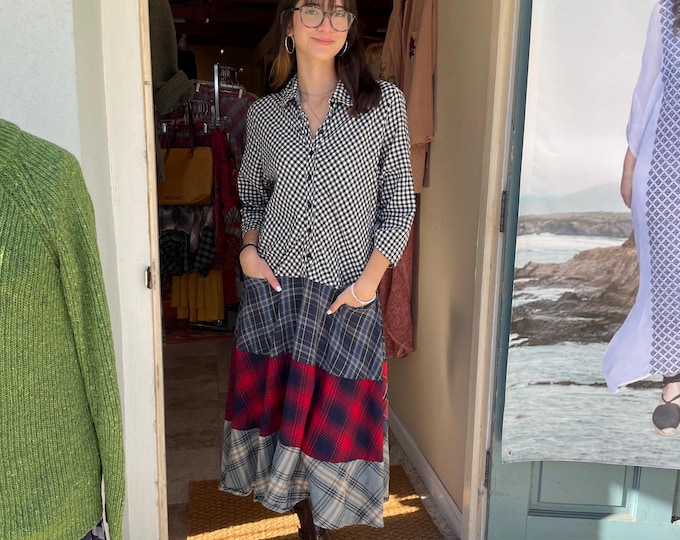 Cotton flannel mixed plaid prairie dress