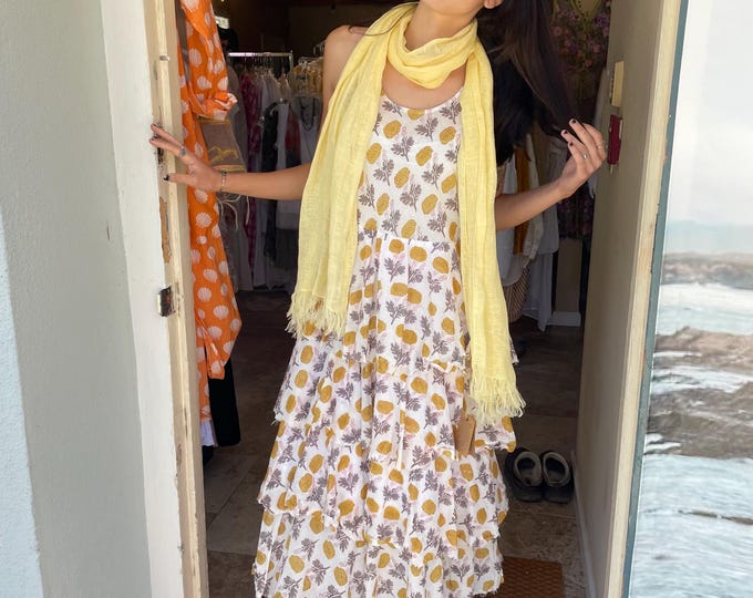 Mixed print cotton layered fru frou frock in golden mix