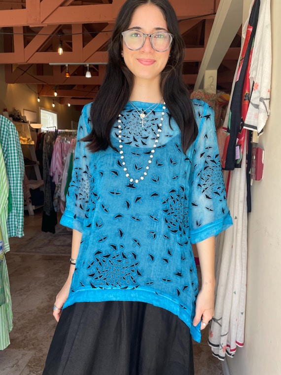 Turquoise with black swallows  tunic in sheer viscose