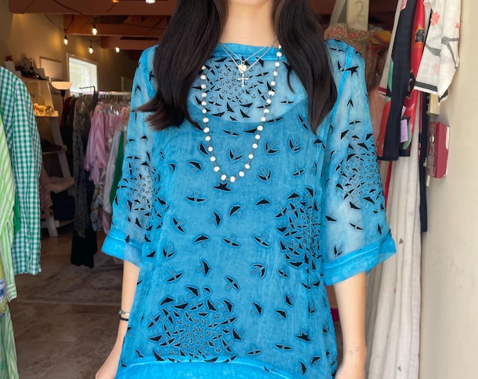 Turquoise with black swallows  tunic in sheer viscose