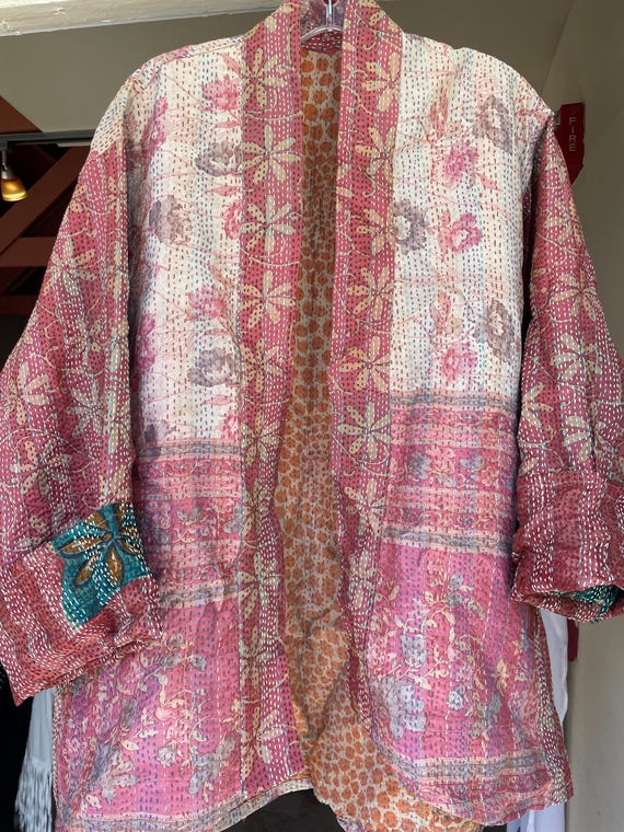 Marmalade toast  silk kantha plus size reversible kimono jacket