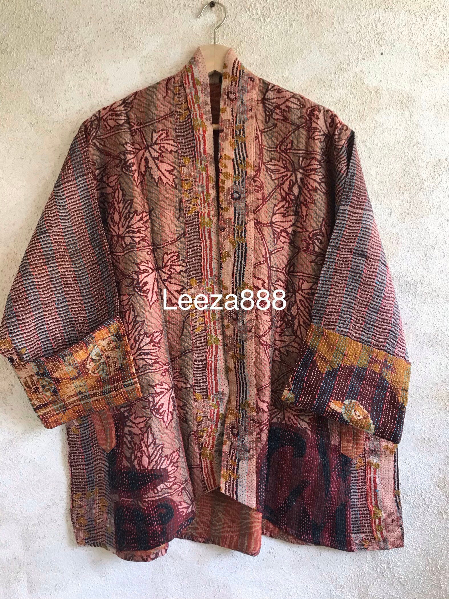 Sunset in the Vineyard silk kantha plus size reversible kimono jacket