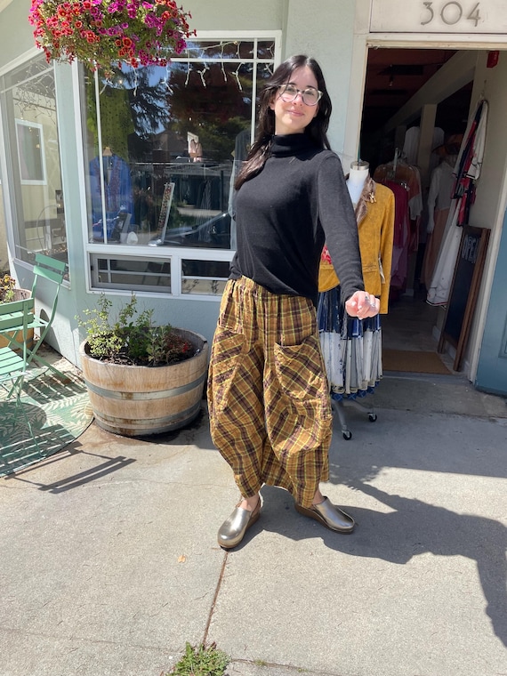 Plaid lime and terra cotta  soft  cotton lagenlook pant