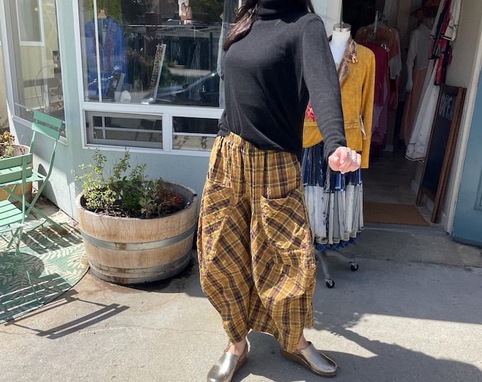 Plaid lime and terra cotta  soft  cotton lagenlook pant
