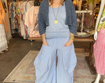 Blue  stripe  seersucker soft  cotton lagenlook pant