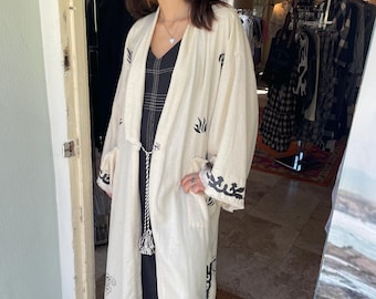 gorgeous cream colored linen kimono with hand painted details