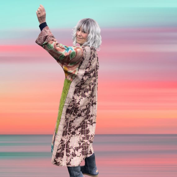 Tropical sunrise  kimono in plus size reversible silk kantha duster/kimono