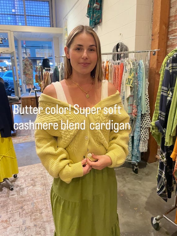Butter yellow cardigan classic sweater in super soft wool viscouse blend